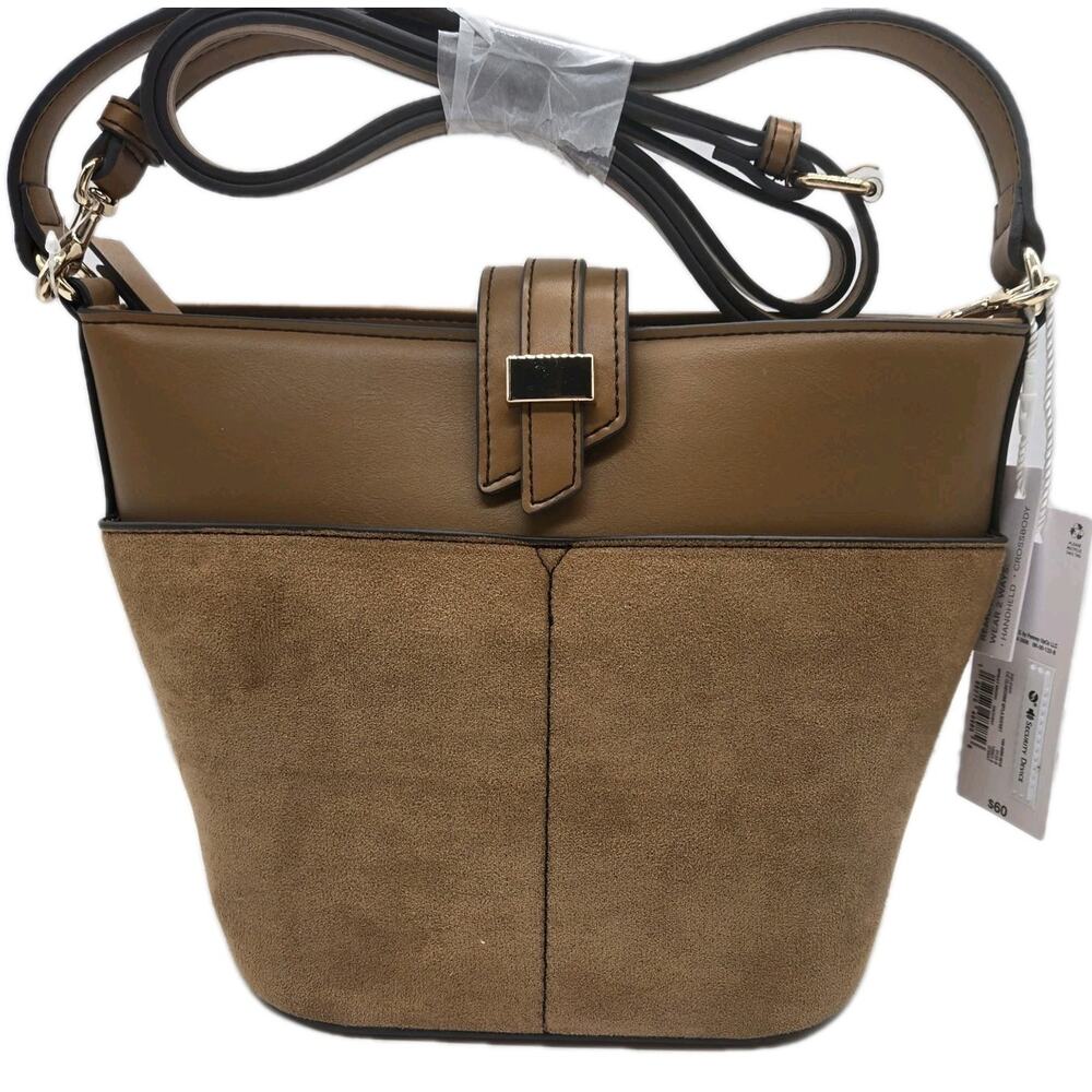 Liz Claiborne Myla Bucket Bag Brown Micro Shoulder Crossbody NWT Suede Look Clas